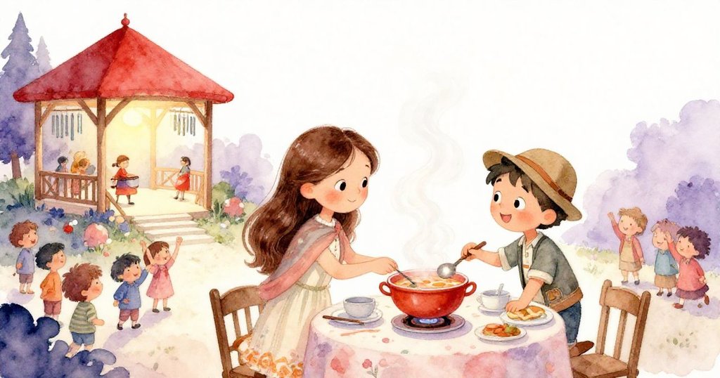 米拉與尼可在山頂亭上共同為遊客送上熱湯,燈籠、鈴聲與蒸汽交織出溫馨結局,展現團結與快樂的落幕。