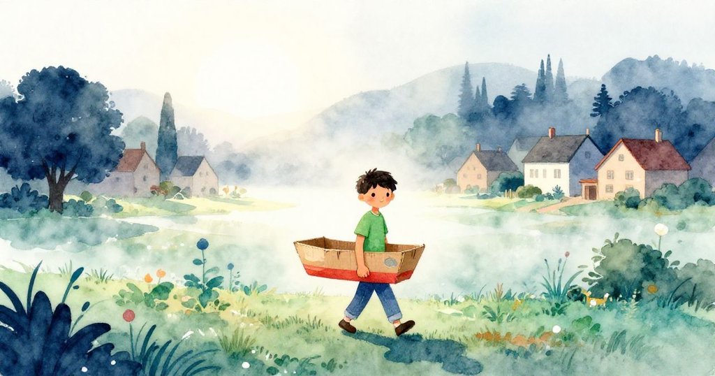 Jules攜彩繪硬紙船步入村莊草地,清晨薄霧中意氣風發,期待尋找溪流邊奇遇。