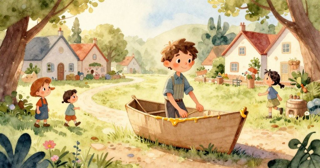 Jules細心檢查彩繪紙船,溫柔手勢突顯蠟封邊緣細節,夢想與努力在晨光下閃耀。