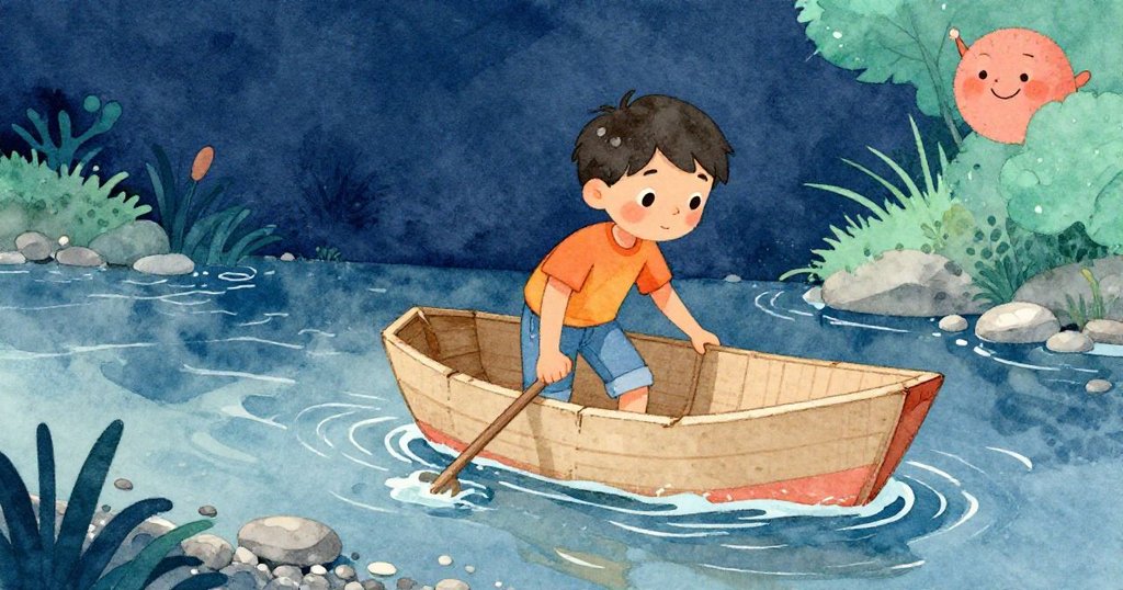 Jules勇敢赤腳涉溪,踩石用棍撥紙船,流水中展現堅毅與冒險精神。