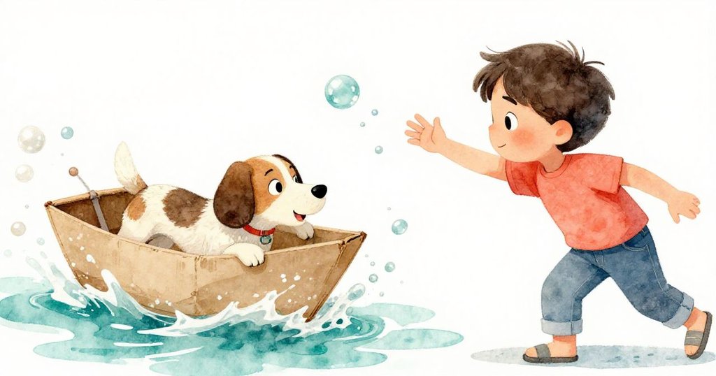 小狗突躍觸紙船水花四濺,Jules迅速迎接,臉上驚訝與堅定交織,瞬間充滿戲劇張力。