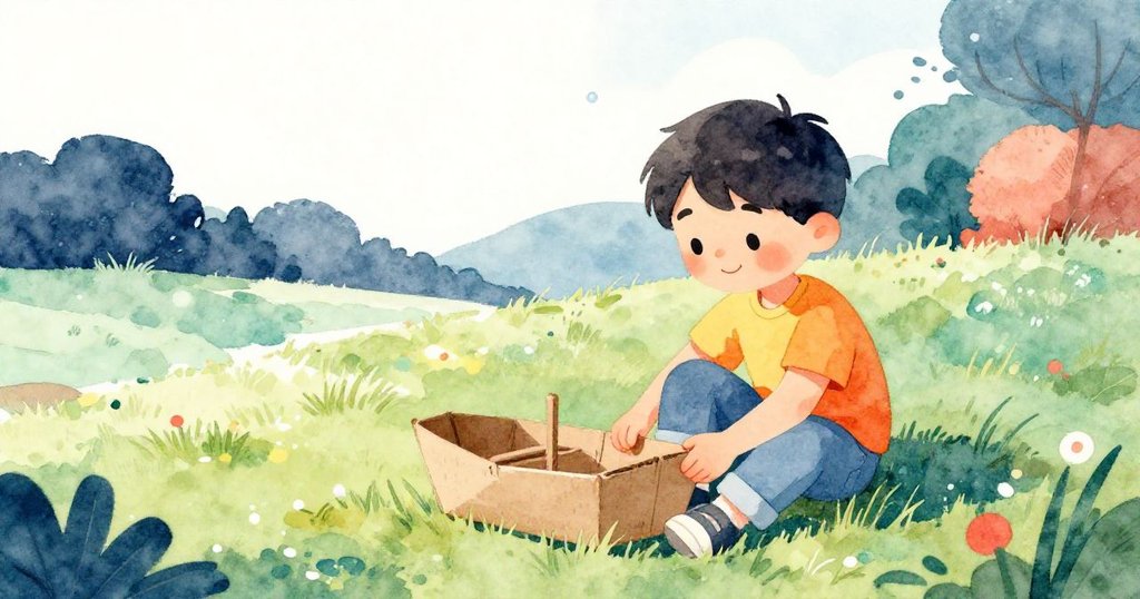 Jules將紙船輕放草地,濕衣與滿意笑容交織,陽光映襯成功冒險後靜謐喜悅。