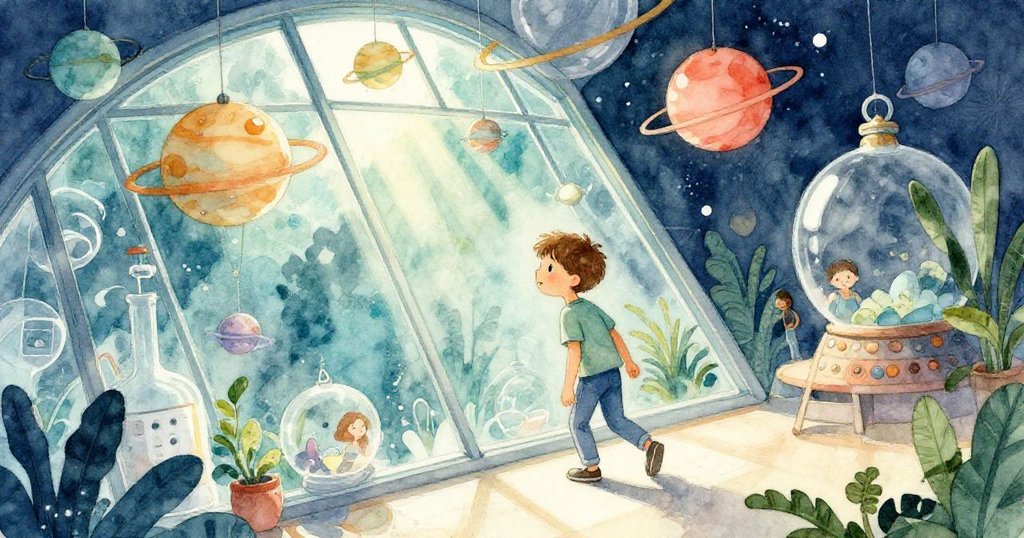 諾亞興奮地踏入科學博物館玻璃中庭，行星模型在陽光下閃爍，畫面傾斜呈現探索初始的好奇與期待。