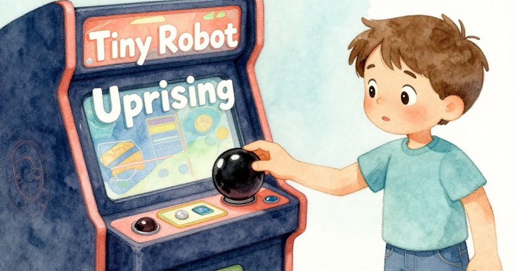 諾亞專注握住黑檀代幣，準備投入閃爍街機遊戲，展現努力和希望的象徵。