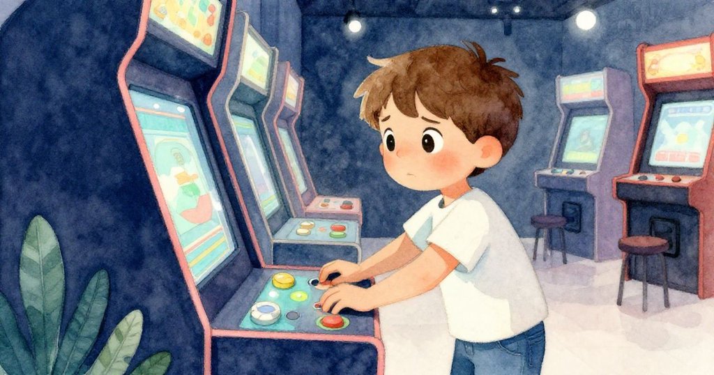 諾亞專注投入街機遊戲，透過縫隙觀察，搖桿操作中展現情緒波動與數位光影效果。