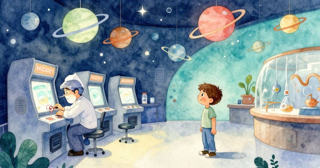 科技維修員在光影轉換的中庭修理街機電纜，諾亞凝視變化，場景呈現時間流逝與期待轉折。