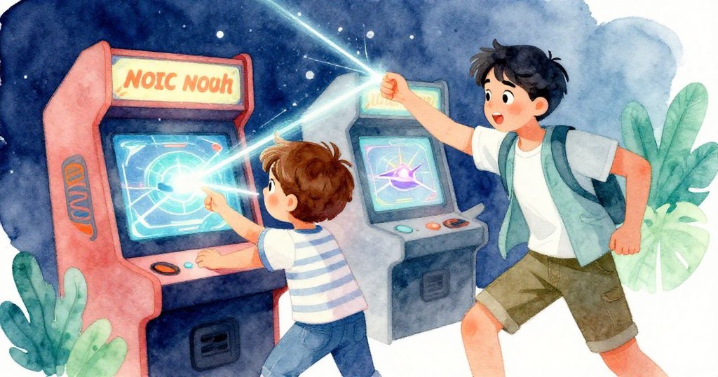 諾亞與青少年意外共玩雙人模式，共同操控數位飛船閃避激光，畫面散發緊張與興奮的合作氛圍。