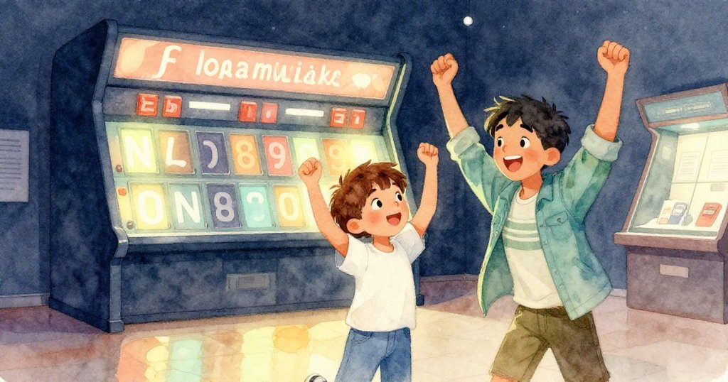 贏得勝利後，諾亞與青少年面帶笑容凝視發光計分板，展現告別遊戲挑戰的溫馨成功時刻。