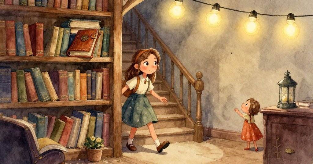 米拉的雙手細緻操作著梯子,輕輕調整被書籤鉤住的輪子,展現她專注搜尋藏匿日記的堅定情感。