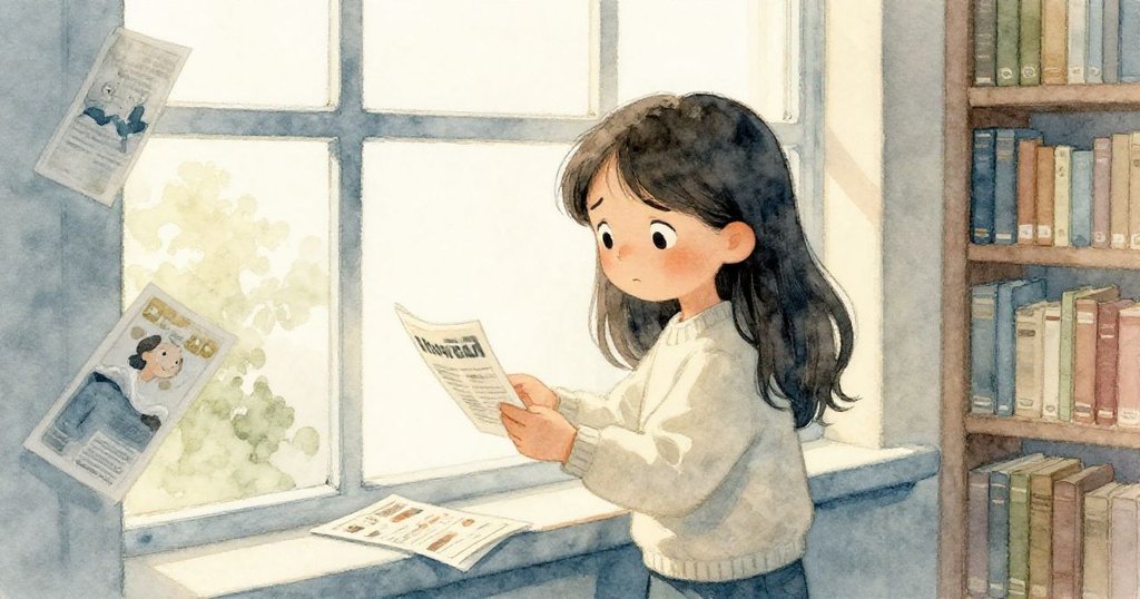 米拉站在大窗前收集散落的小冊子,窗外柔和光線灑入圖書館,她的神情中流露出一絲憂慮與希望,呈現故事發展。