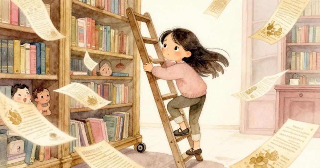 米拉正攀爬搖晃的梯子,眼神堅定,散落的小冊子像驚飛的鳥兒在周圍飛舞,表現出時間流逝的緊張情緒。