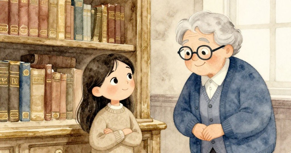 米拉與和藹的圖書管理員在古典書架旁溫馨微笑,彼此分享解決困難後的喜悅,呈現情節中的慶祝時刻。