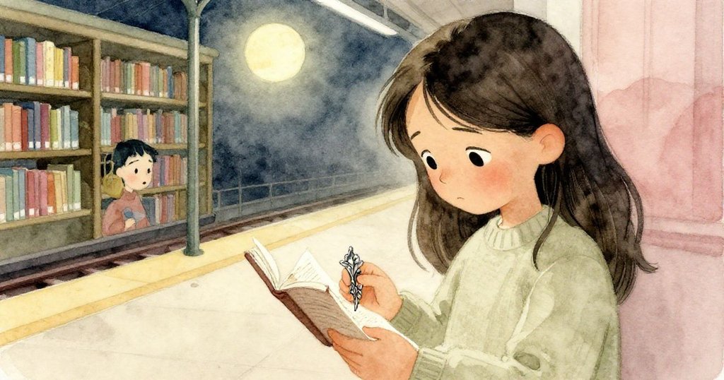 米拉站在圖書館最高處驚喜發現銀質尖頭與摺疊書頁,臉上流露驚訝與沉思,營造出引人深思的開放結局。