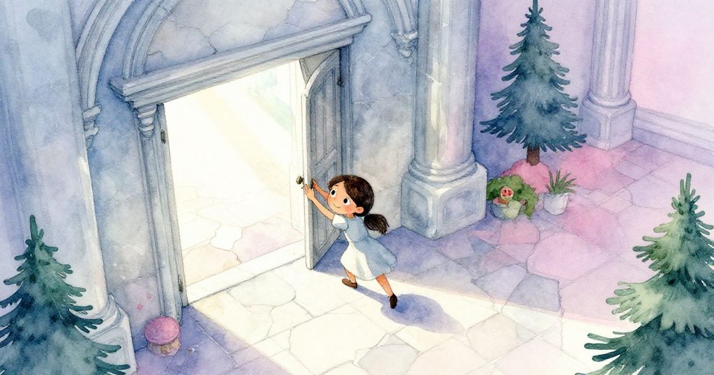 克拉拉推開舊側門，陽光灑落古中殿，塵埃旋舞展現破損瓷磚，神情充滿期待與探索之意。