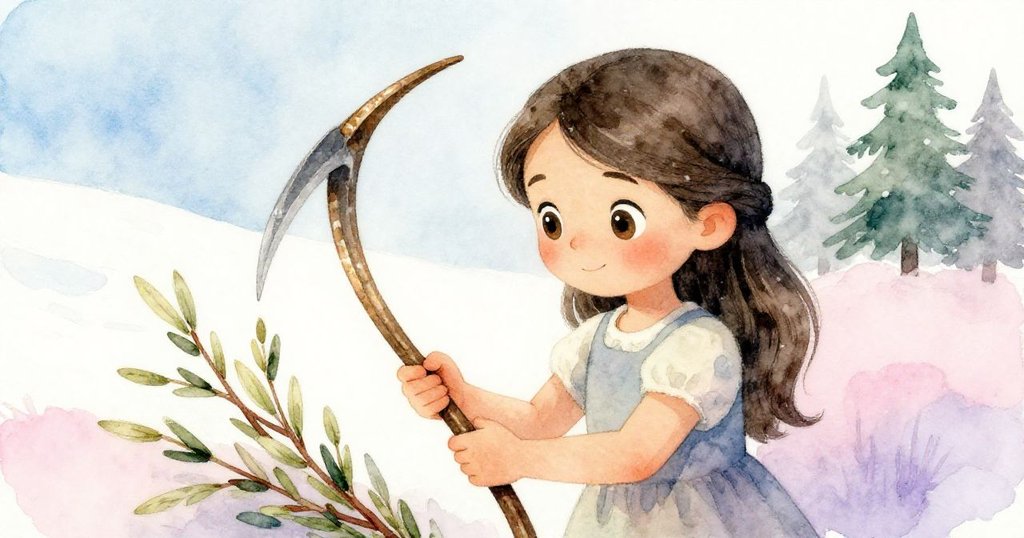 克拉拉專注檢視祖傳青銅鐮刀，手勢輕柔，旁邊堆放著新鮮柳枝，傳遞傳統與創新的溫暖聯結。