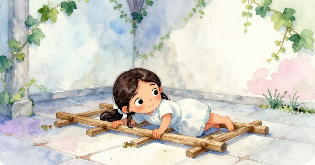 克拉拉在古中殿鋪設木架，牆上纏繞著常春藤，破裂瓷磚層次分明，專注面容顯示堅韌與智慧。