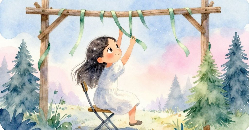 克拉拉爬上摺椅懸掛綠絲帶，晨光漸變夕照，飛舞塵埃點綴中殿，動作靈活充滿希望韻味。