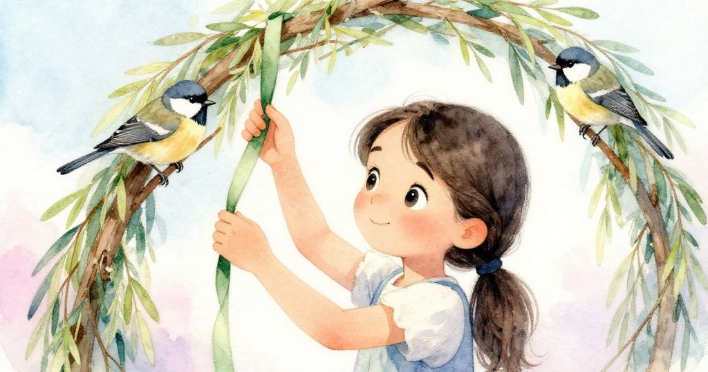 克拉拉面帶驚喜輕調絲帶，小鶇停於柳枝致使枝彎，神情溫柔呈現決策瞬間的微妙情感。