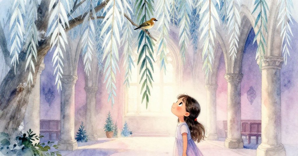 克拉拉在黃昏寧靜中欣賞柳枝生態拱門，小鶇安坐枝頭，夕光柔和映襯出人與自然美滿重逢。