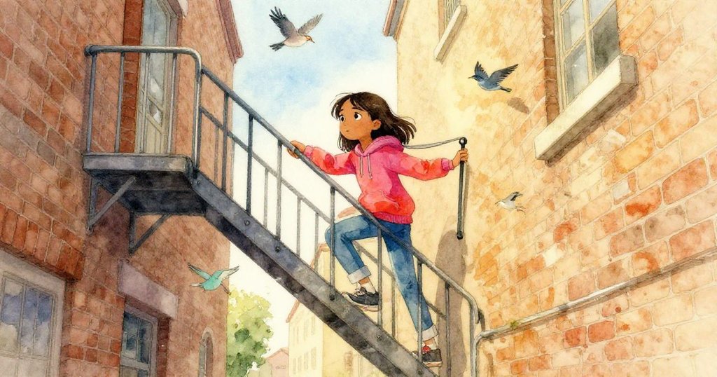達娜在圖書館後的狹窄金屬樓梯上攀爬,肩側掛著腳架,周圍有飛舞的鳥群與粗糙磚牆,臉上展現著期待與好奇。