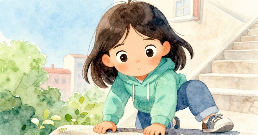 達娜特寫鏡頭中專注明亮的雙眼,臉上帶著堅毅與興奮,背景隱現樓梯與城市輪廓,情感真摯。