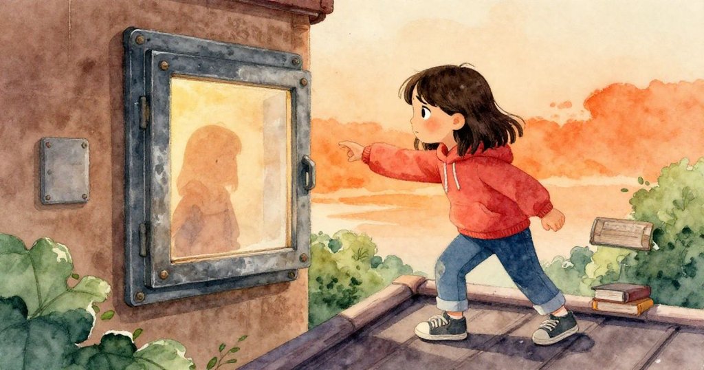 達娜站在圖書館屋頂的舊門板旁,透過缺口看遠處辦公樓窗戶中映出自己的剪影,神秘而富有詩意。