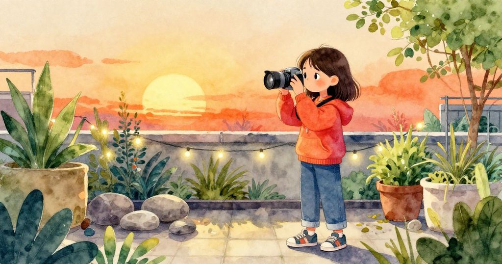 達娜在圖書館屋頂花園中忙碌調整相機,仙燈微光與亂石野草交織,夕陽染紅天際,氣氛溫馨浪漫。