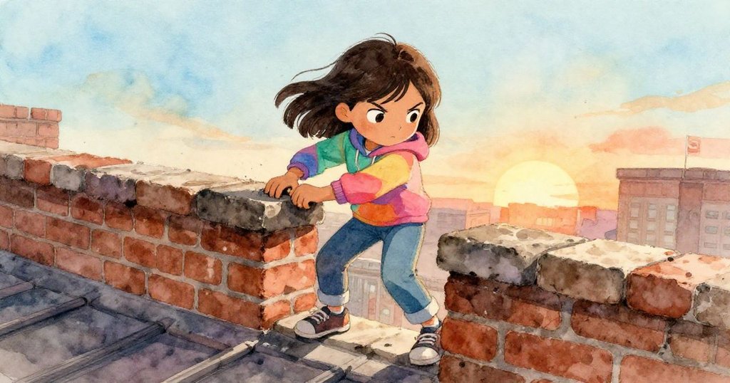 達娜全力擠過圖書館屋頂缺磚縫隙,肘部輕觸粗糙石牆,畫面動感十足,展現緊張與堅毅心情。