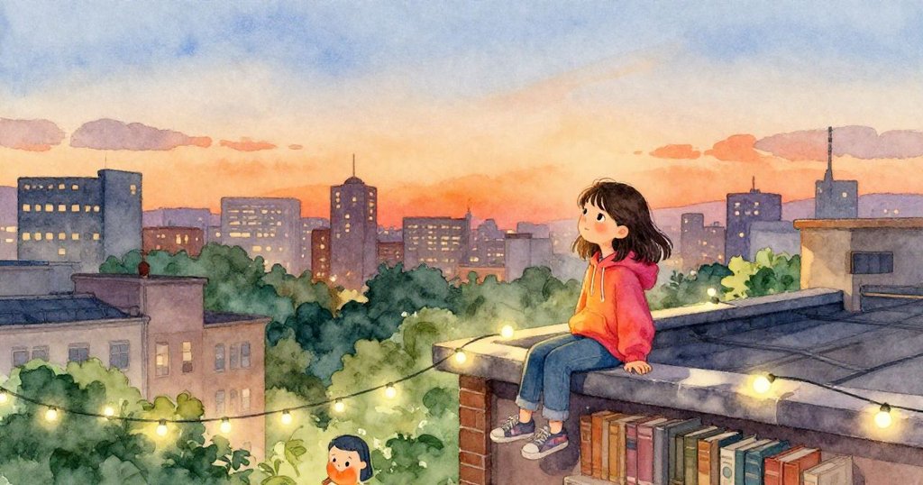 達娜坐在圖書館屋頂角落,背景是廣闊城市天際線與落日餘光,她神情滿意,成功捕捉自我剪影,氛圍寧靜溫暖。