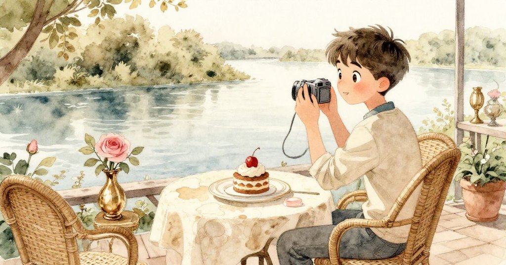 凱坐在江邊露台上擺放手機拍攝甜點，陽光灑落在河面上，興奮且期待著傳奇巧克力慕斯。