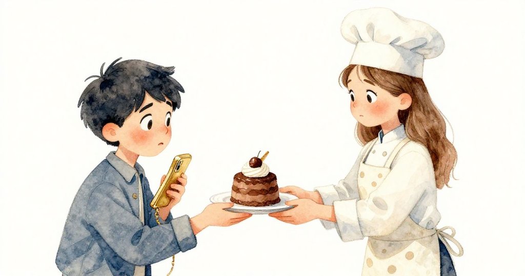 莉拉溫柔將巧克力慕斯送到凱面前，桌面空白處突顯手機低電量，凱表情緊張與失望。