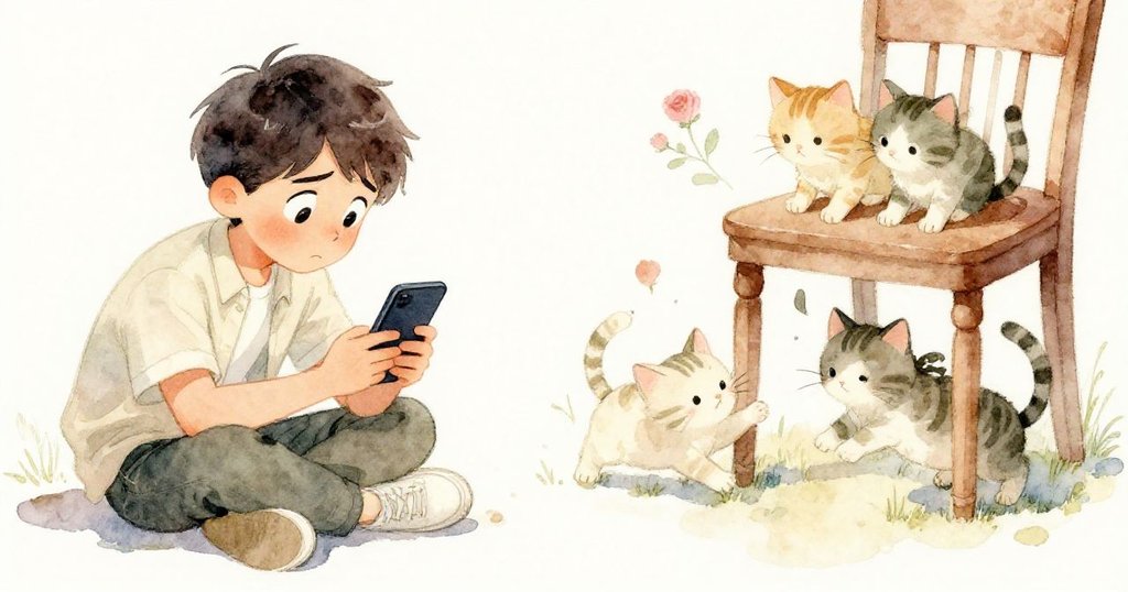 凱焦急檢查低電量手機，右側小貓群在桌下嬉戲攪動巧克力慕斯，畫面呈現動靜對比。