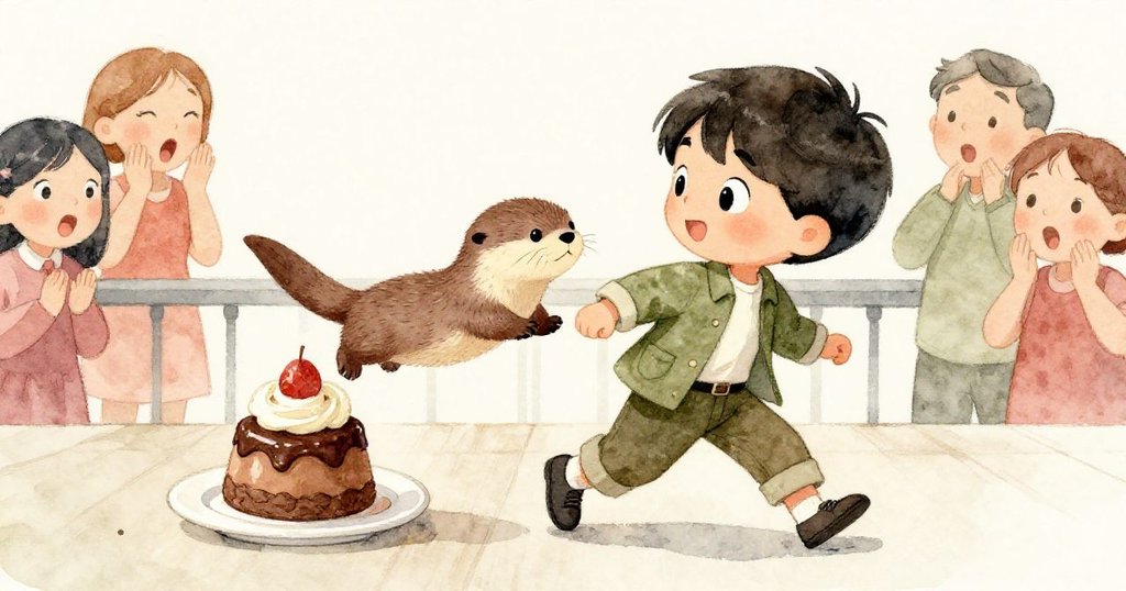 水獺從欄杆躍出快速接近慕斯，凱與顧客驚呼連連，動感場面充滿意外與快樂。