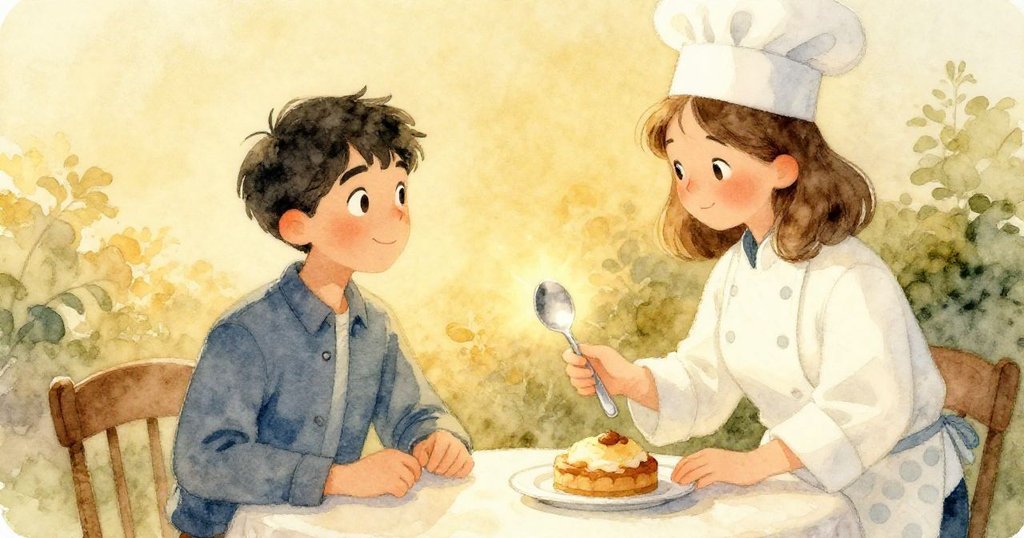 凱與莉拉共享溫馨笑容，桌上銀匙象徵和解與共享，夕陽餘暉灑滿露台，結局幸福美滿。