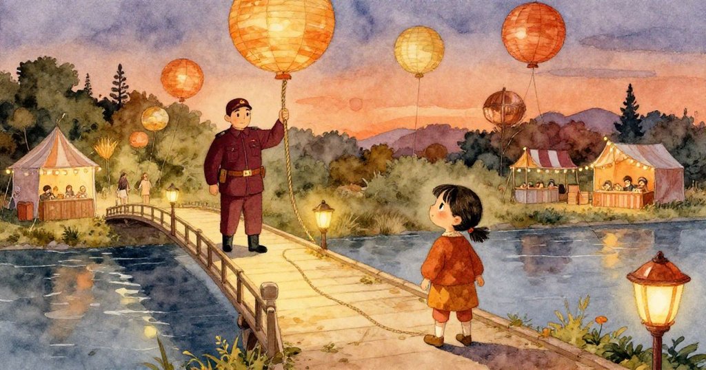 達拉在黃昏時分出現在河邊,步向燈光點綴的狹橋,守衛持繩示意,展現節日溫暖氛圍與初始探索情境。