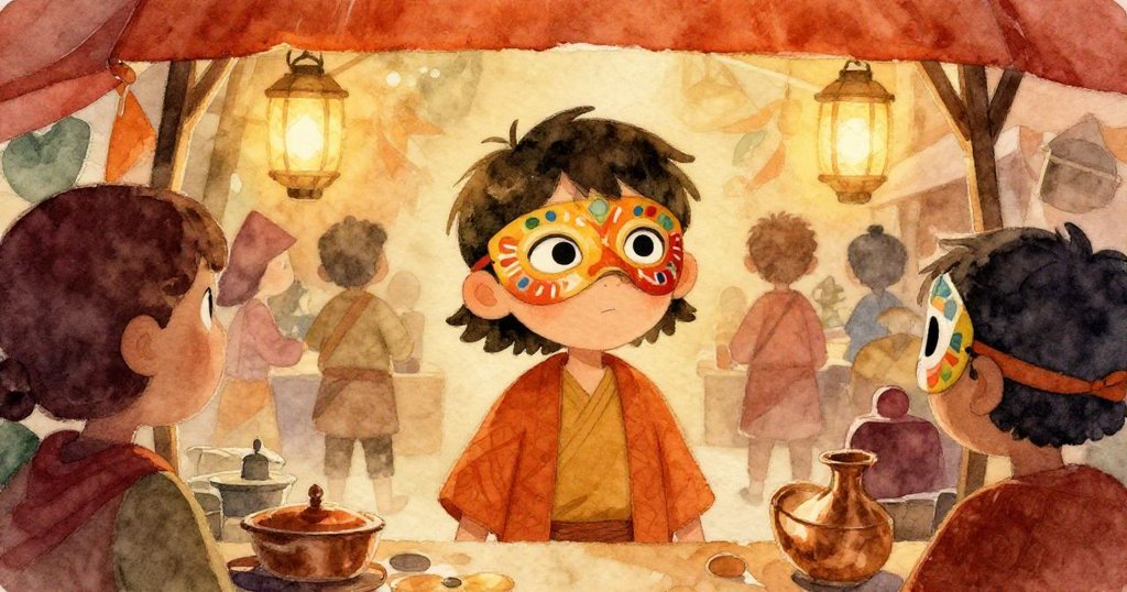 達拉從攤位縫隙窺視,畫面中面具男孩悠悠前行,神秘氣息與好奇情懷交織敘述中段歷程。