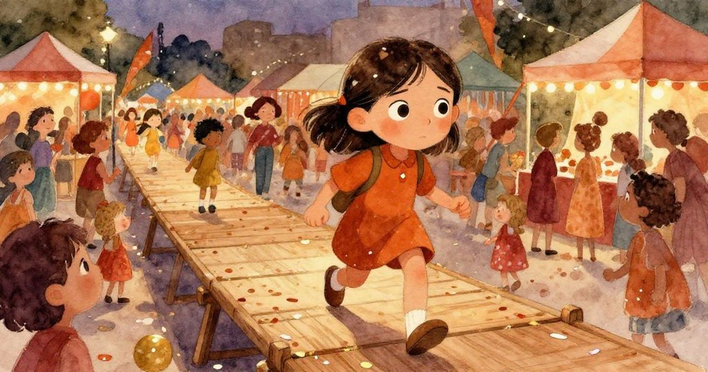 達拉小心穿越熙攘廣場木板步道,閃亮紙屑與燈光交映中展現堅毅與尋找希望的旅程。