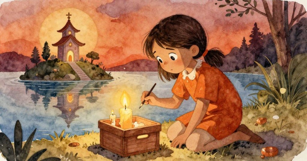 達拉蹲坐於燭台旁專注繪圖,燭光映出古神殿輪廓,展示創意與堅持追尋真實美感。