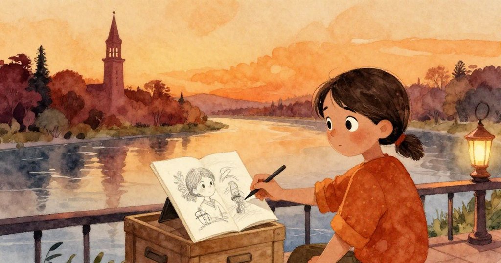 達拉完成作品置於木箱上,寧靜河岸與微光鐘樓遠景交織,呈現夜晚柔和與平靜結局。