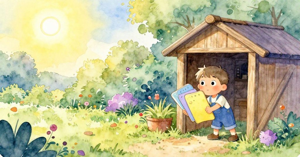 米洛在傾斜拍攝的花園中躲在棚子後面，手持素描板，注視逐漸降臨的日蝕，充滿好奇與期待。