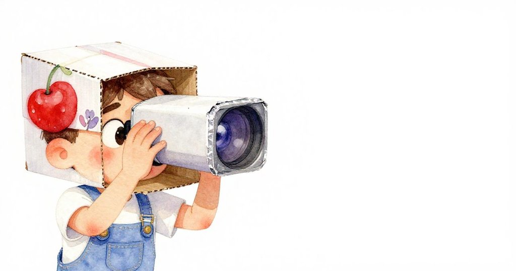 米洛專注調整紙板投影儀，背景留白強調細節，創造出明亮的光環，他滿懷創意與熱忱。