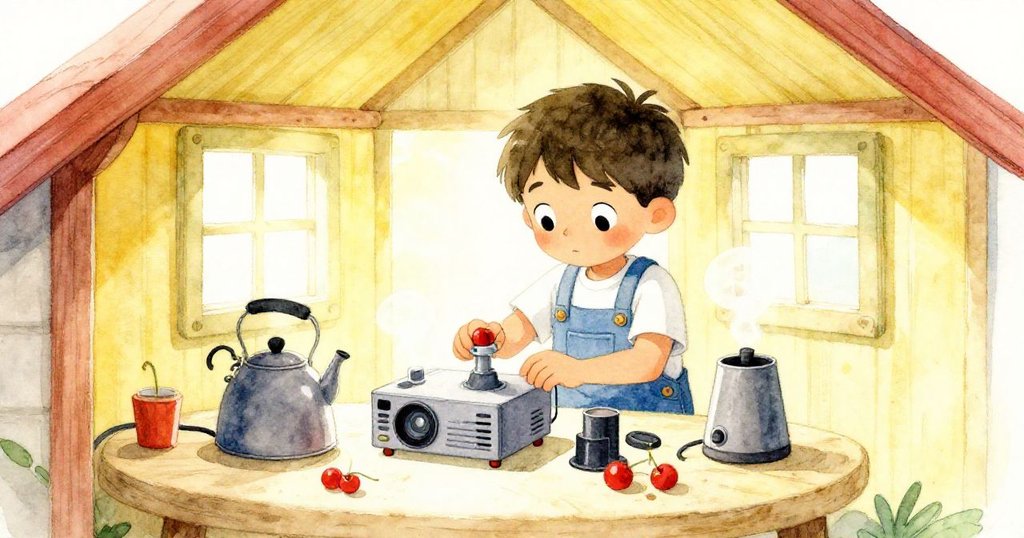 米洛在棚內創作室中仔細檢視投影儀組件，溫暖光線透入，烤蘋果香與熱水壺蒸氣營造懷舊氣息。