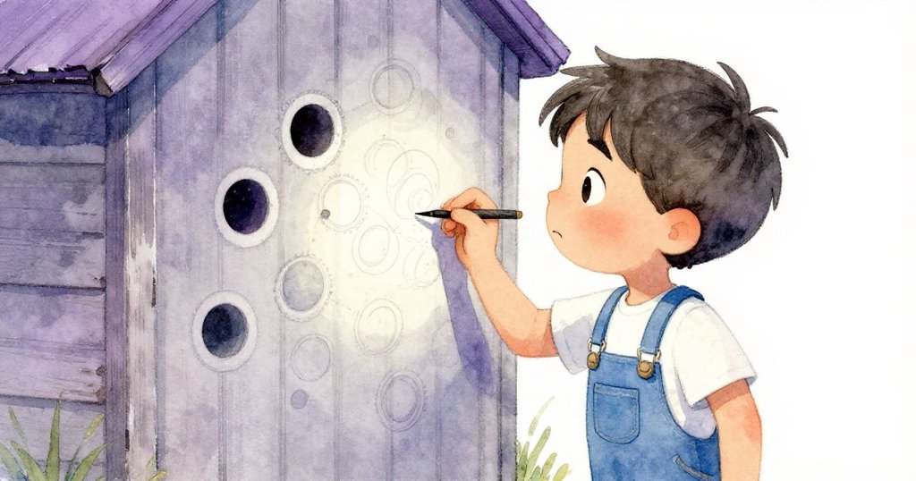 米洛驚喜發現棚牆上微小縫隙投射出細膩日蝕，臉上充滿驚奇與創意，迅速描繪出全新圖樣。