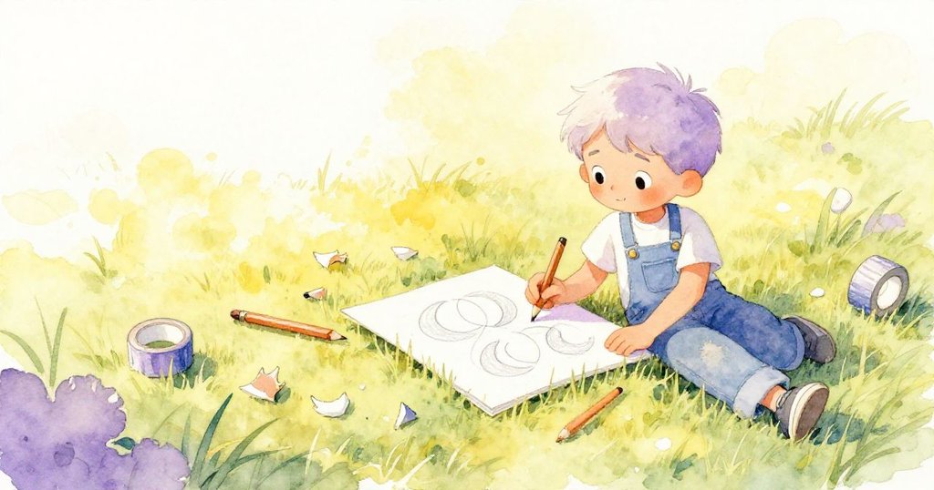 米洛坐在靜謐草地上欣賞完成的月牙連環素描，周圍散落紙膠帶與鉛筆屑，神情平和滿足。