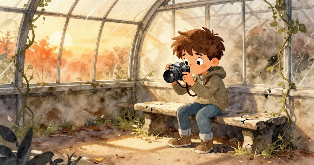 米洛在夕陽下調整相機，背景是破碎的溫室和藤蔓，臉上流露著好奇與決心，展現開場神秘氣氛