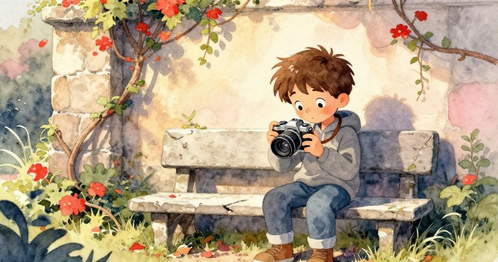 米洛仔細檢查舊石凳與相機，背景層次豐富呈現歷史感與藤蔓滋長，展現進入故事發展的情境