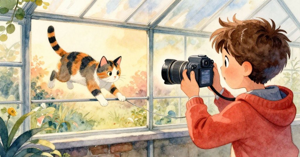 從米洛後方視角看見他捕捉著一隻靈動的三花貓，牠輕巧跨過快門線，場景充滿好奇溫柔氛圍