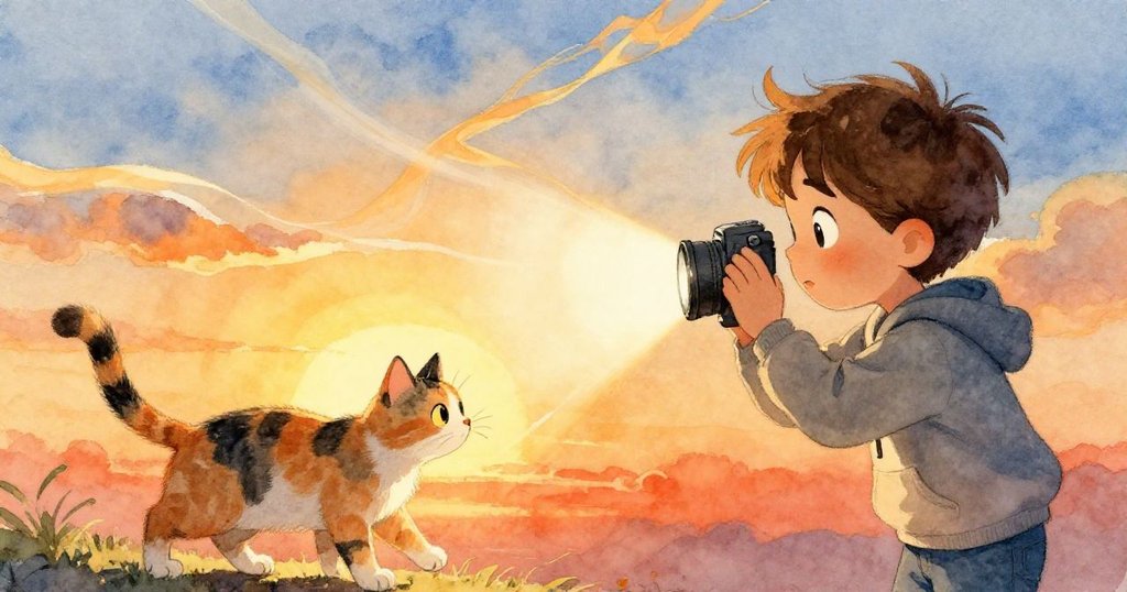 米洛捕捉夕陽變幻美景，天空火紅雲帶飛舞，三花貓的尾巴輕掃創造出柔和光跡，場景充滿魔幻動感