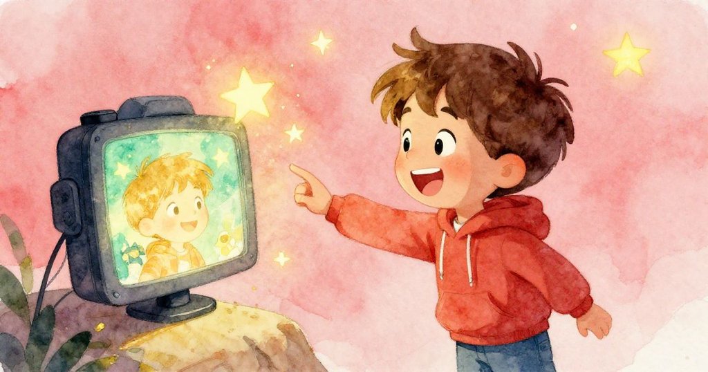 米洛欣喜笑看相機畫面，金綠色調意外湧現美景，臉上滿是驚喜與快樂，慶祝創作成功時刻