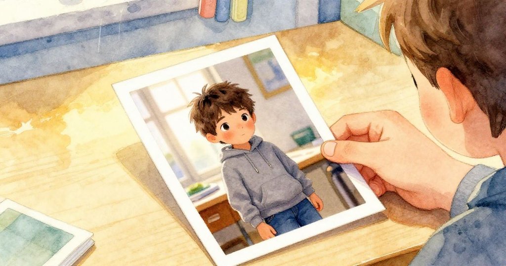 米洛將拍攝的照片放置桌上，溫暖餘暉映照照片邊緣，臉上流露出滿足與回味，呈現故事結局的平和情感